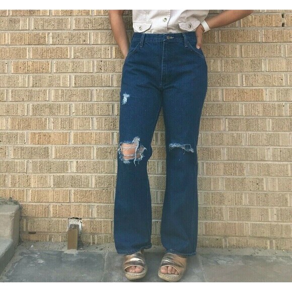 Vtg 80s Rustler wide leg dark wash flare jeans 28.5" dark denim casual everyday - Picture 6 of 11